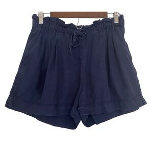 Uniqlo Navy Blue Cotton Linen Blend Paperbag Waist Shorts Women's Large Pockets